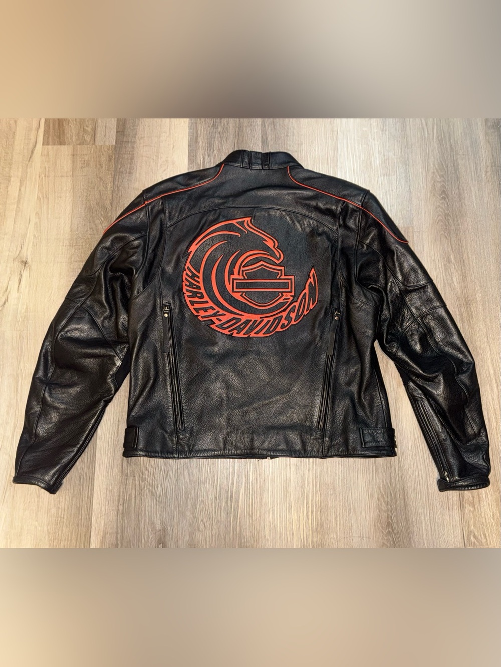 VTG 90s Harley-Davidson Bomber Leather Motorcycle Jacket Orange Black Crest Logo